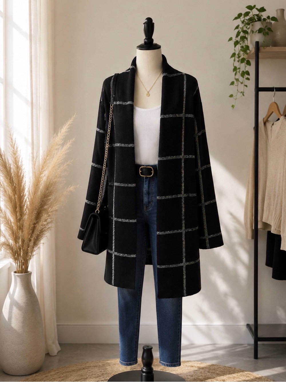 Time and Tru Black Windowpane Open Blazer Jacket